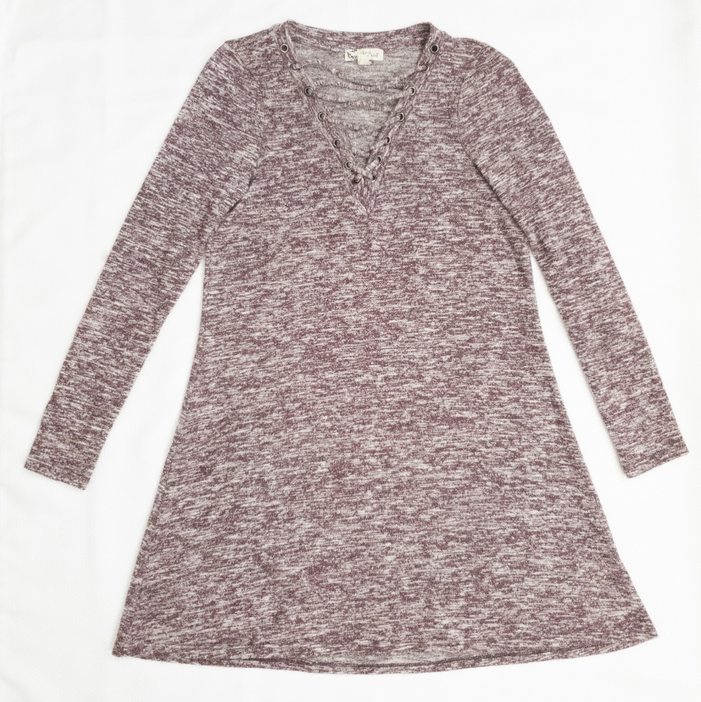 NWOT About A Girl Lace Up V-Neck Space Dyed Sweater Tunic Dress Size S